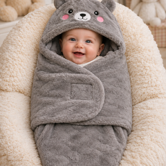 Soft Velvet Fleece Newborn Baby Embroidered Hooded Swaddle Blanket for 0-6 Months - Grey Bear