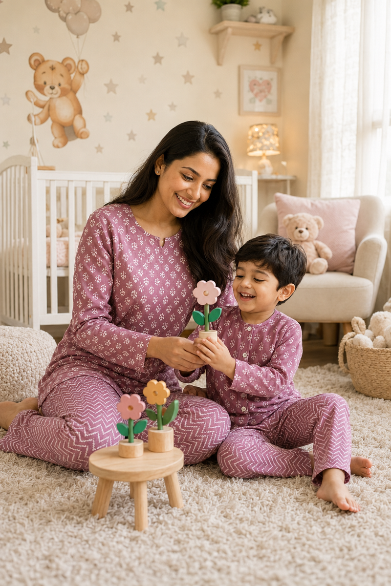 Lilac Motif - Mom and Baby 100% Cotton Twinning Set