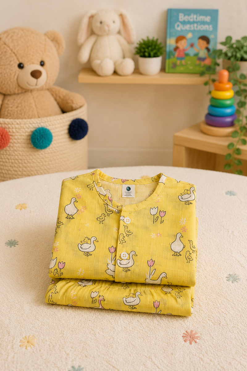 Yellow Duck |Half Sleeves| Checkered Muslin| Soft Unisex Muslin Set for New Born to 6 Years