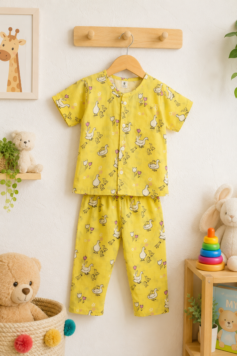 Yellow Duck |Half Sleeves| Checkered Muslin| Soft Unisex Muslin Set for New Born to 6 Years