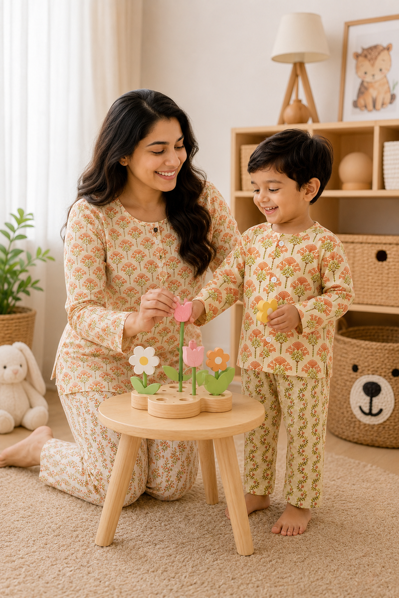 Orange Motif - Mom and Baby 100% Cotton Twinning Set