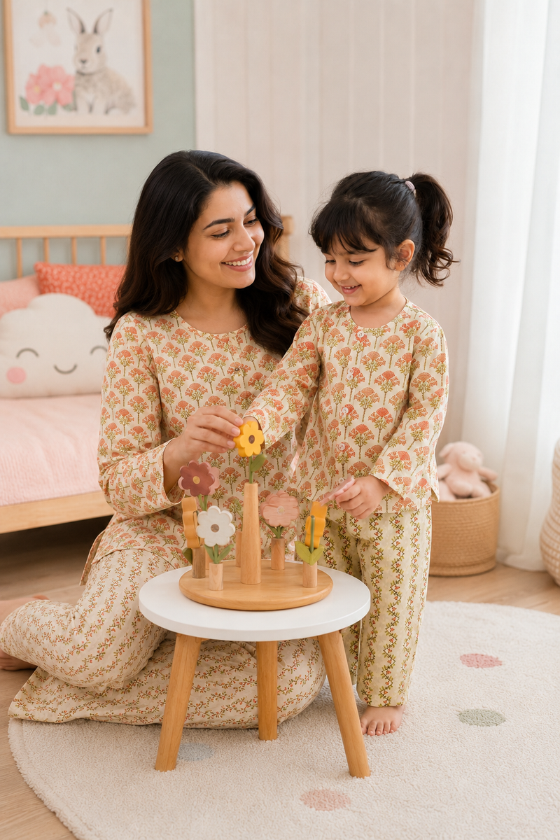 Orange Motif - Mom and Baby 100% Cotton Twinning Set
