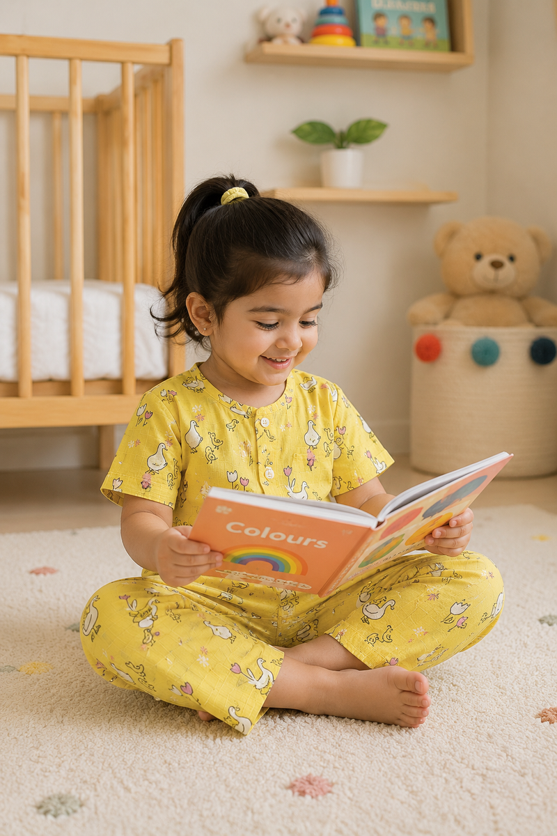 Yellow Duck |Half Sleeves| Checkered Muslin| Soft Unisex Muslin Set for New Born to 6 Years