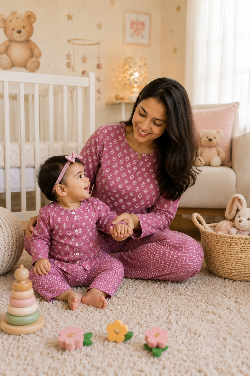 Lilac Motif - Mom and Baby 100% Cotton Twinning Set