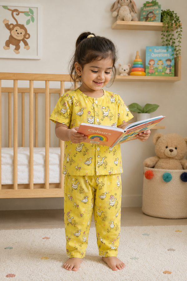 Yellow Duck |Half Sleeves| Checkered Muslin| Soft Unisex Muslin Set for New Born to 6 Years