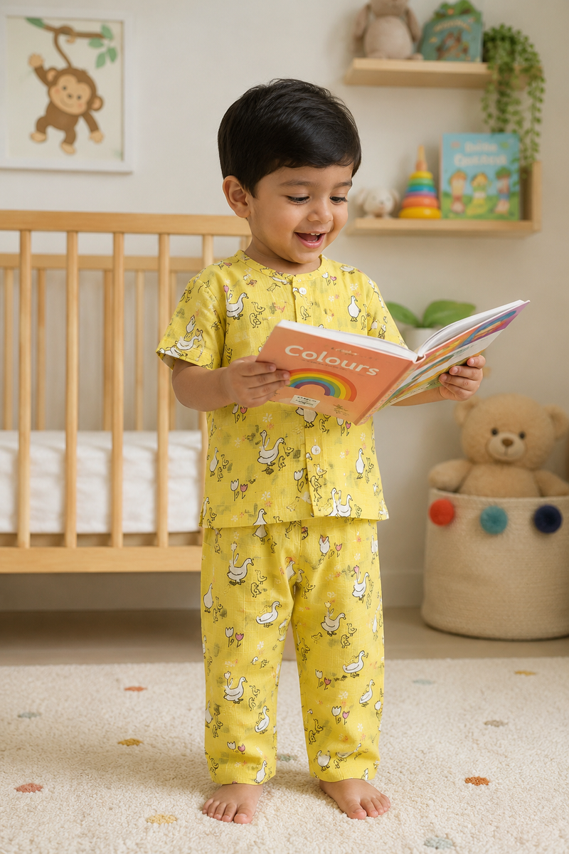 Yellow Duck |Half Sleeves| Checkered Muslin| Soft Unisex Muslin Set for New Born to 6 Years