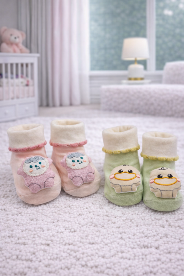 Smiley- Set of 2 100% Cotton Baby Booties Socks for 0 to 12 Months