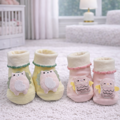 Little Owl- Set of 2 100% Cotton Baby Booties Socks for 0 to 12 Months