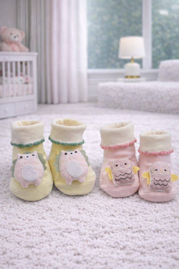 Little Owl- Set of 2 100% Cotton Baby Booties Socks for 0 to 12 Months