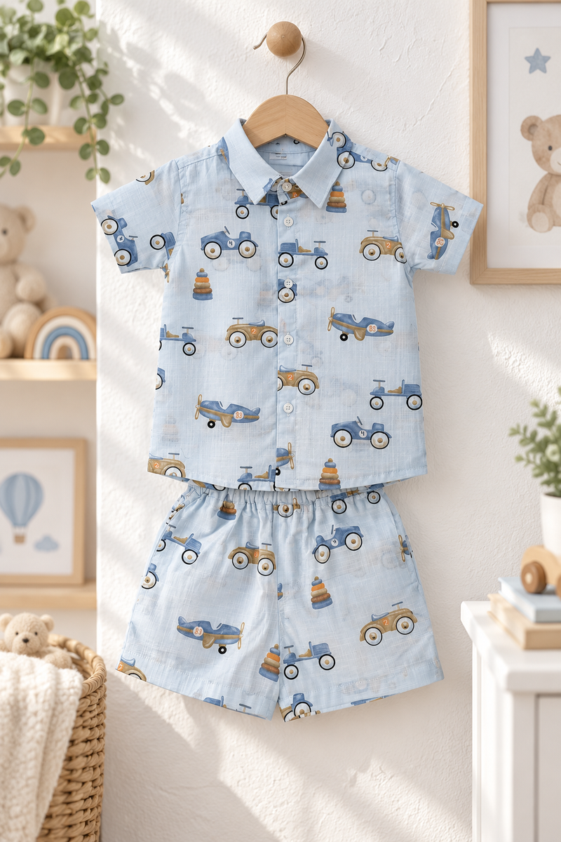 Wheel Party Baby Boy Short Sleeve Shirt and Shorts Set | 60s Count 100% Cotton Poplin Premium