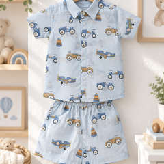 Wheel Party Baby Boy Short Sleeve Shirt and Shorts Set | 60s Count 100% Cotton Poplin Premium