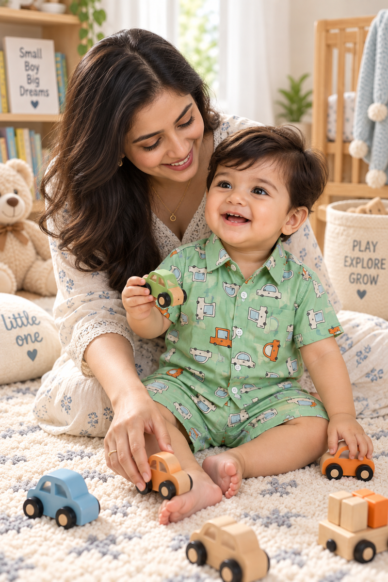 Green Car Hop Baby Boy Short Sleeve Shirt and Shorts Set | 60s Count 100% Cotton Poplin Premium