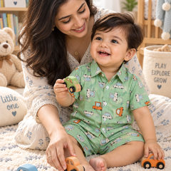 Green Car Hop Baby Boy Short Sleeve Shirt and Shorts Set | 60s Count 100% Cotton Poplin Premium