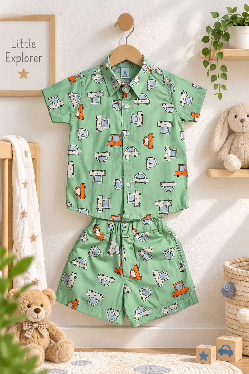 Green Car Hop Baby Boy Short Sleeve Shirt and Shorts Set | 60s Count 100% Cotton Poplin Premium