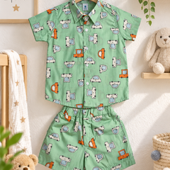 Green Car Hop Baby Boy Short Sleeve Shirt and Shorts Set | 60s Count 100% Cotton Poplin Premium