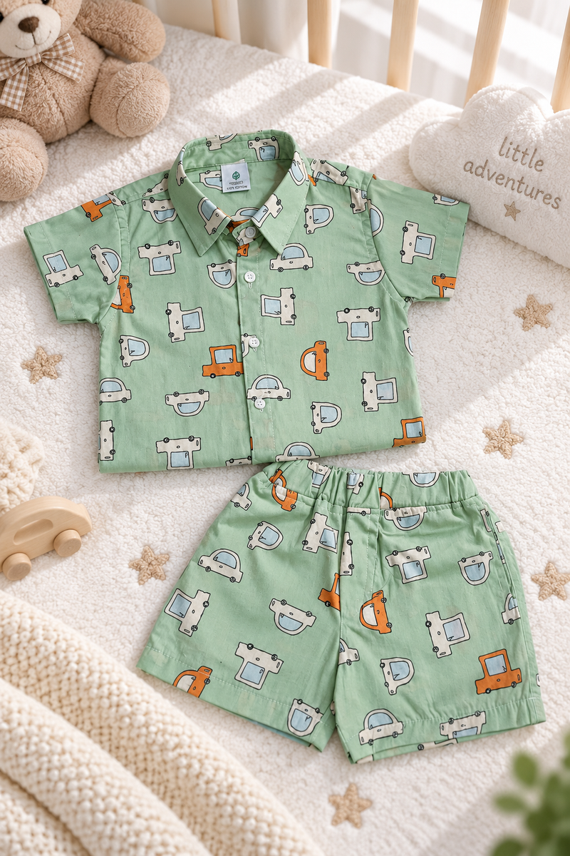 Green Car Hop Baby Boy Short Sleeve Shirt and Shorts Set | 60s Count 100% Cotton Poplin Premium