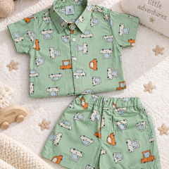 Green Car Hop Baby Boy Short Sleeve Shirt and Shorts Set | 60s Count 100% Cotton Poplin Premium