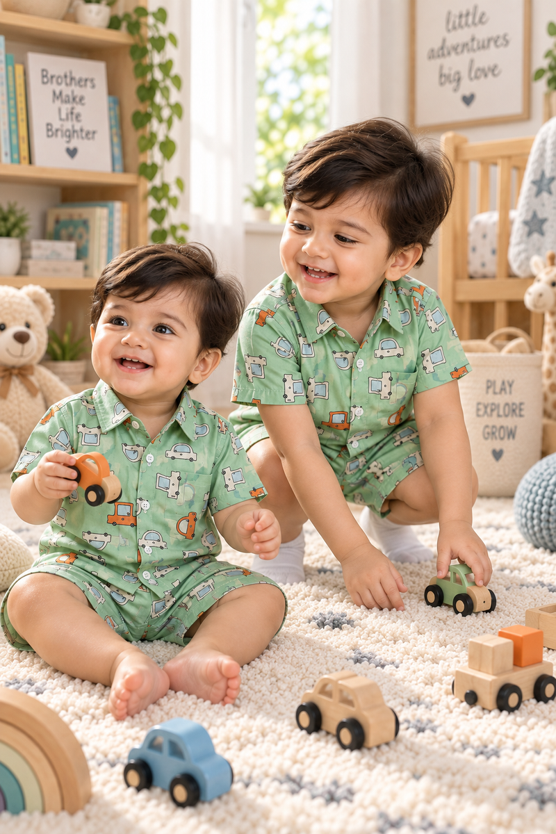 Green Car Hop Baby Boy Short Sleeve Shirt and Shorts Set | 60s Count 100% Cotton Poplin Premium