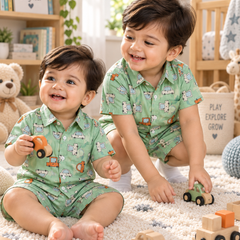 Green Car Hop Baby Boy Short Sleeve Shirt and Shorts Set | 60s Count 100% Cotton Poplin Premium