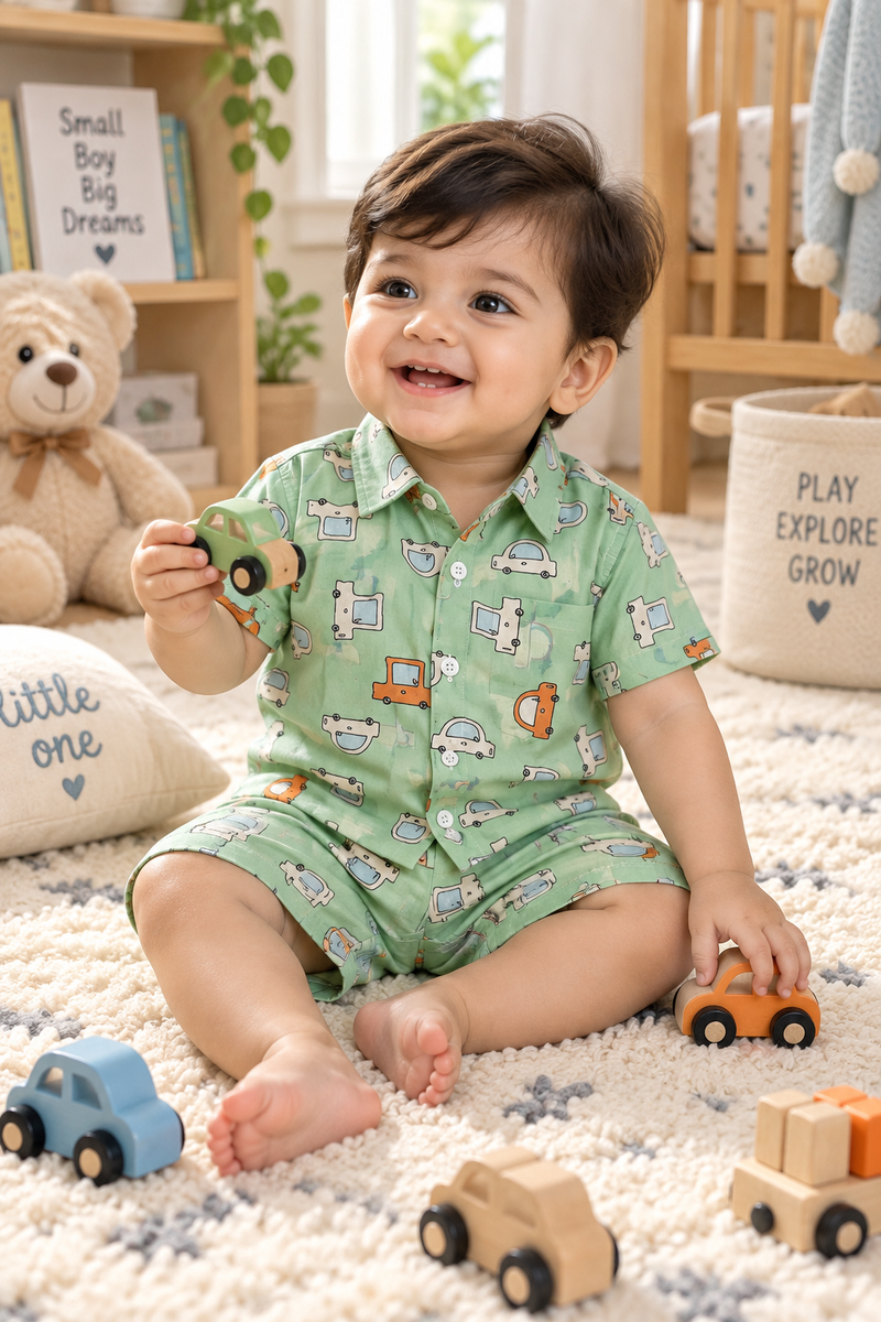 Green Car Hop Baby Boy Short Sleeve Shirt and Shorts Set | 60s Count 100% Cotton Poplin Premium