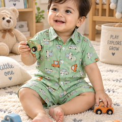 Green Car Hop Baby Boy Short Sleeve Shirt and Shorts Set | 60s Count 100% Cotton Poplin Premium