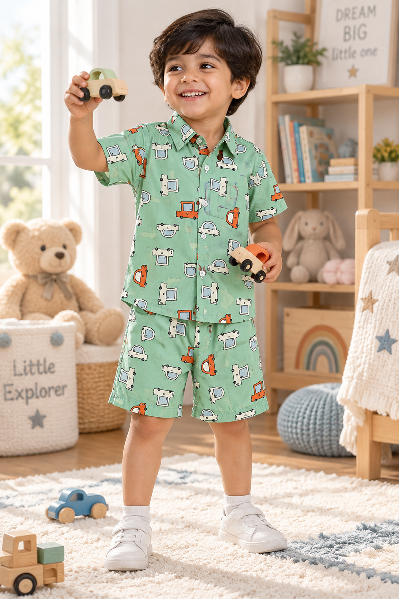 Green Car Hop Baby Boy Short Sleeve Shirt and Shorts Set | 60s Count 100% Cotton Poplin Premium