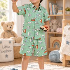 Green Car Hop Baby Boy Short Sleeve Shirt and Shorts Set | 60s Count 100% Cotton Poplin Premium