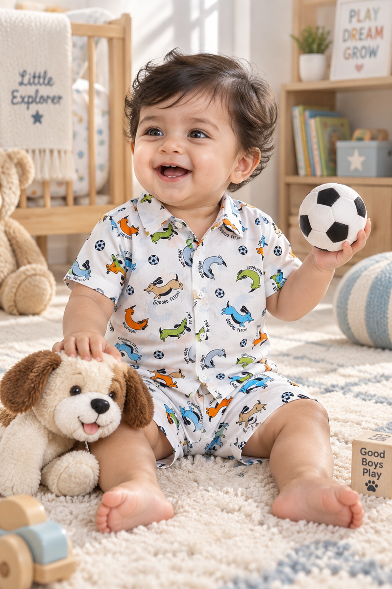 Go Fetch Baby Boy Short Sleeve Shirt and Shorts Set | 60s Count 100% Cotton Poplin Premium