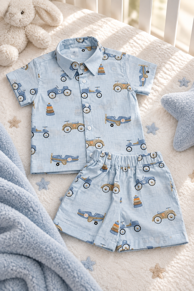 Wheel Party Baby Boy Short Sleeve Shirt and Shorts Set | 60s Count 100% Cotton Poplin Premium