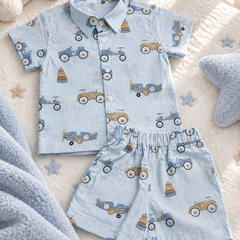 Wheel Party Baby Boy Short Sleeve Shirt and Shorts Set | 60s Count 100% Cotton Poplin Premium