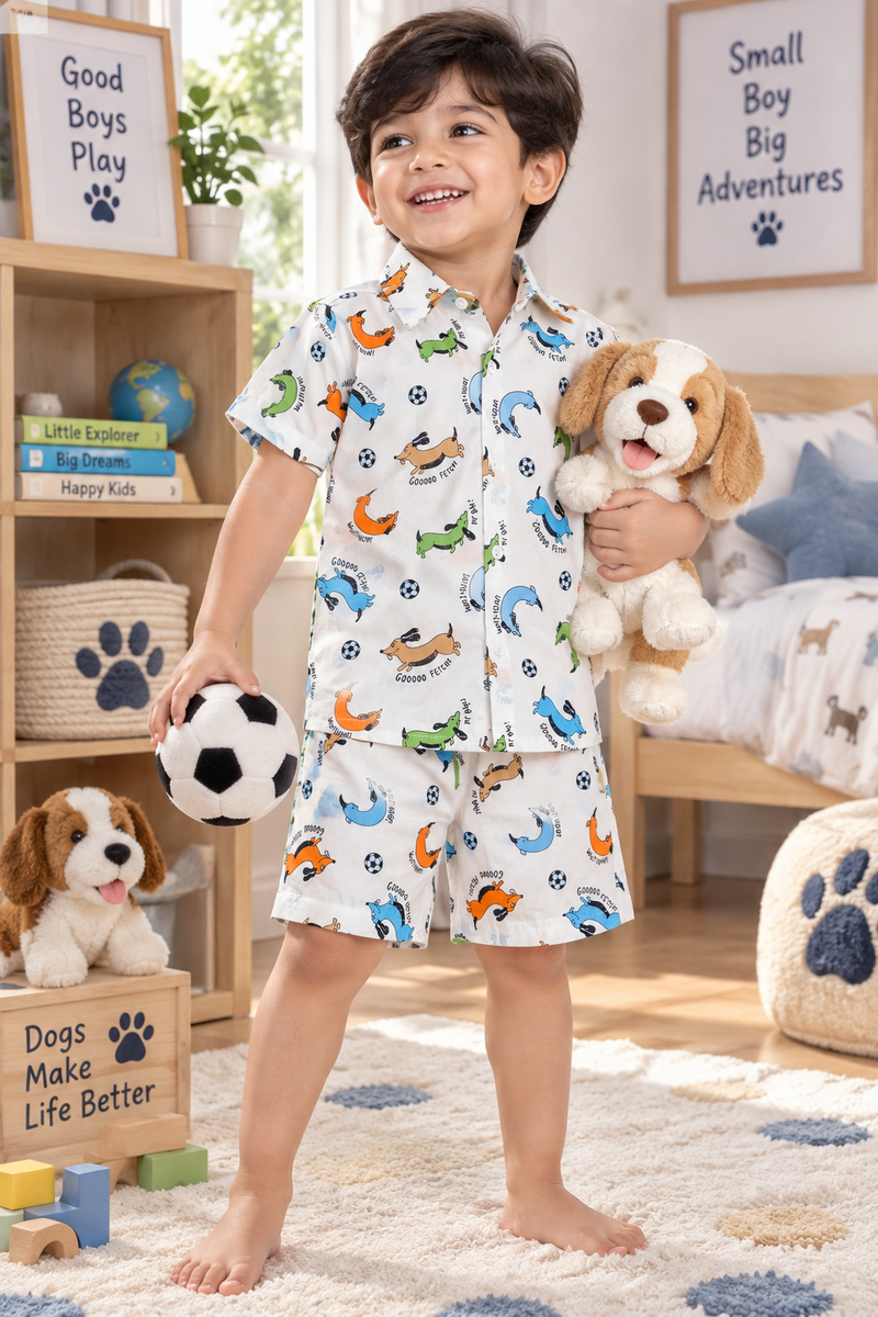 Go Fetch Baby Boy Short Sleeve Shirt and Shorts Set | 60s Count 100% Cotton Poplin Premium