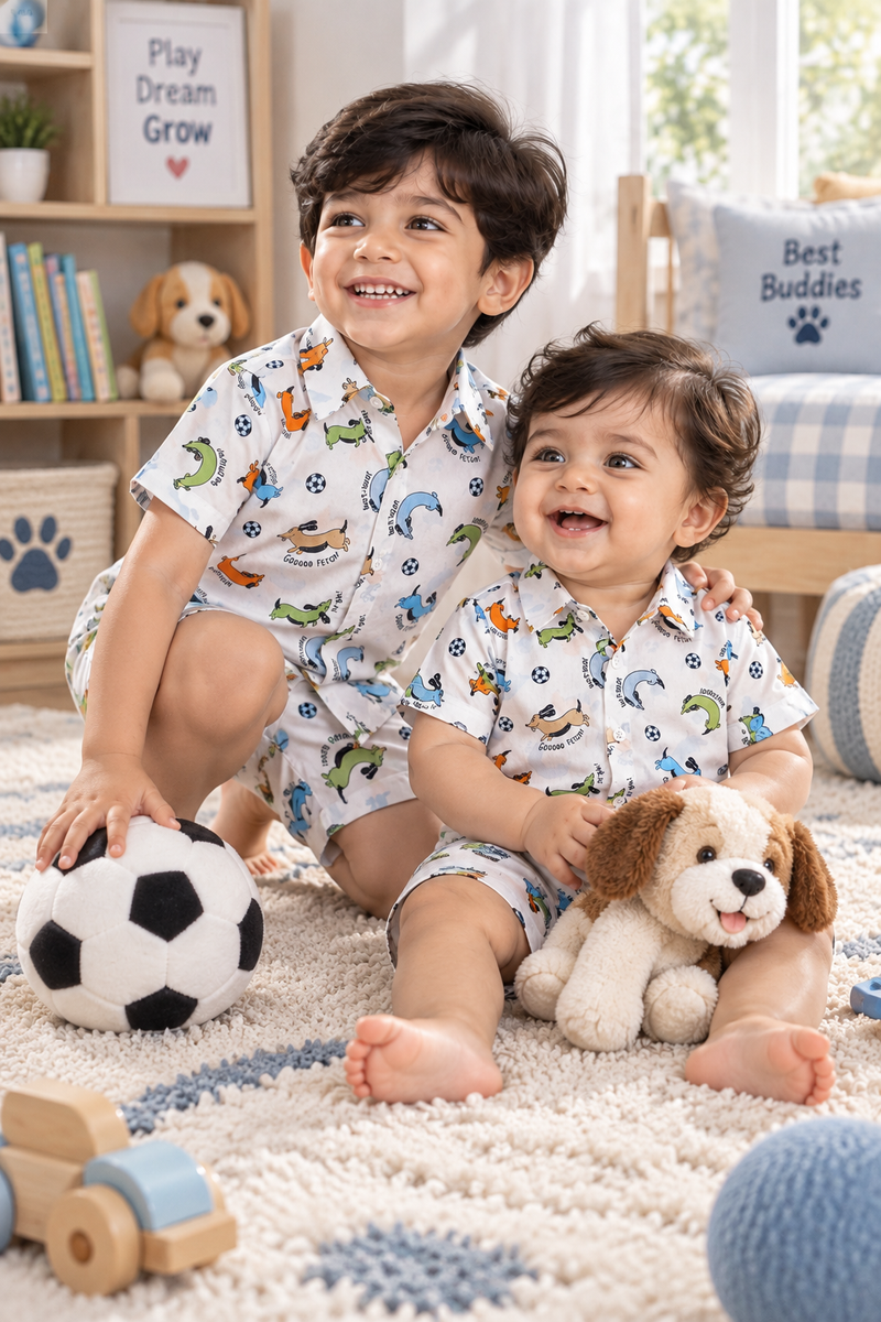 Go Fetch Baby Boy Short Sleeve Shirt and Shorts Set | 60s Count 100% Cotton Poplin Premium
