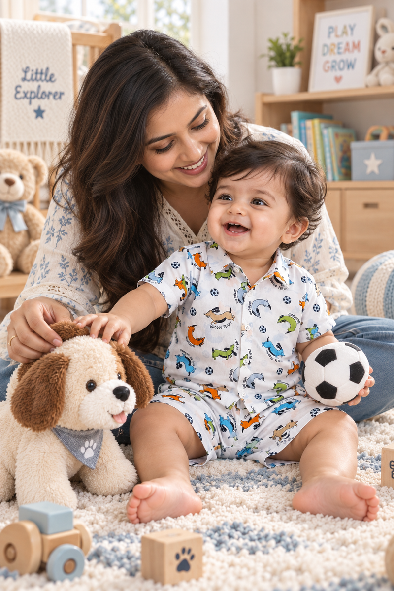Go Fetch Baby Boy Short Sleeve Shirt and Shorts Set | 60s Count 100% Cotton Poplin Premium