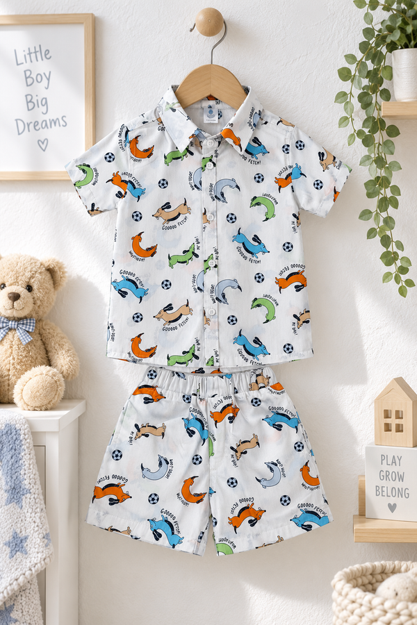 Go Fetch Baby Boy Short Sleeve Shirt and Shorts Set | 60s Count 100% Cotton Poplin Premium