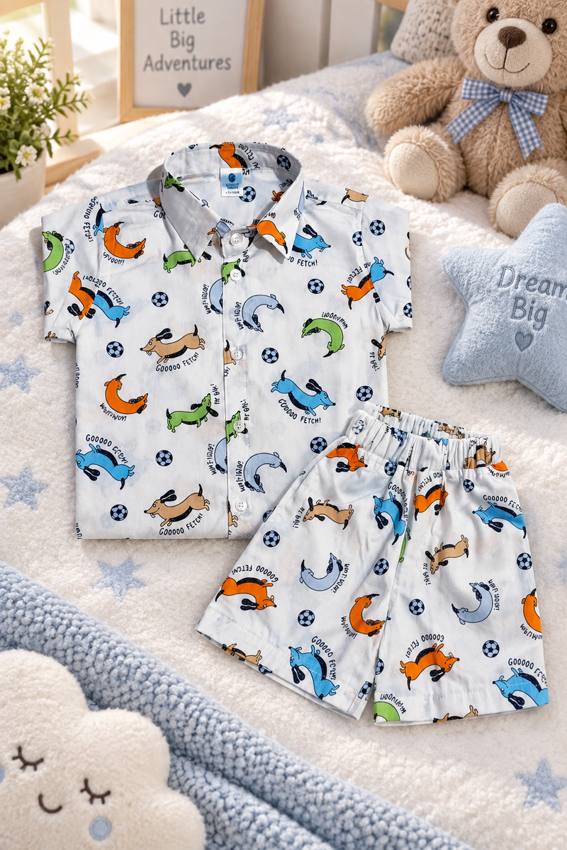 Go Fetch Baby Boy Short Sleeve Shirt and Shorts Set | 60s Count 100% Cotton Poplin Premium