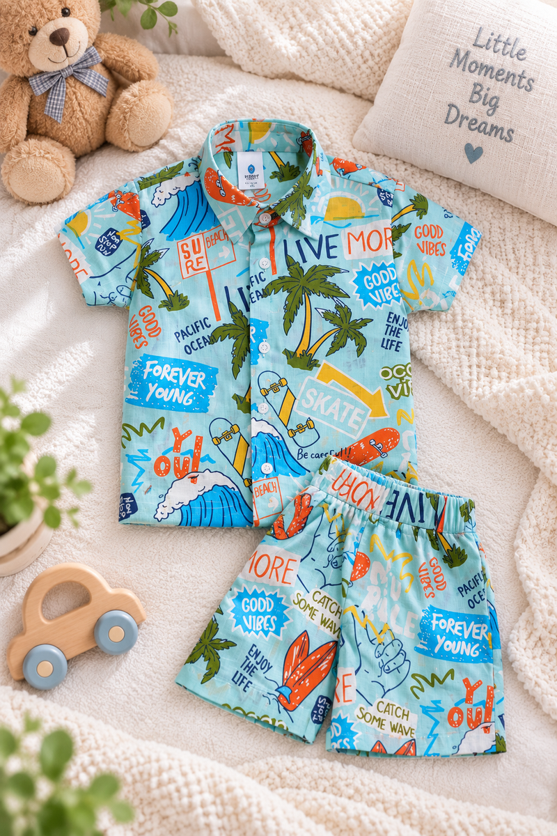 Wave Vibes Baby Boy Short Sleeve Shirt and Shorts Set | 60s Count 100% Cotton Poplin Premium