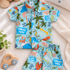 Wave Vibes Baby Boy Short Sleeve Shirt and Shorts Set | 60s Count 100% Cotton Poplin Premium