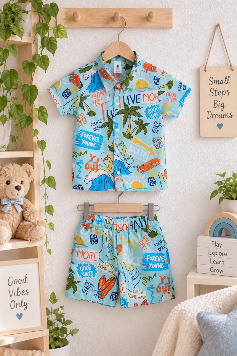 Wave Vibes Baby Boy Short Sleeve Shirt and Shorts Set | 60s Count 100% Cotton Poplin Premium