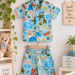 Wave Vibes Baby Boy Short Sleeve Shirt and Shorts Set | 60s Count 100% Cotton Poplin Premium