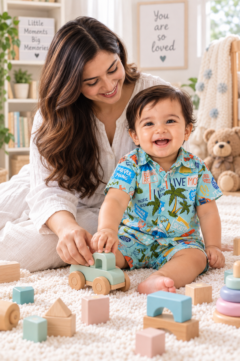 Wave Vibes Baby Boy Short Sleeve Shirt and Shorts Set | 60s Count 100% Cotton Poplin Premium