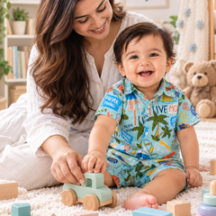 Wave Vibes Baby Boy Short Sleeve Shirt and Shorts Set | 60s Count 100% Cotton Poplin Premium