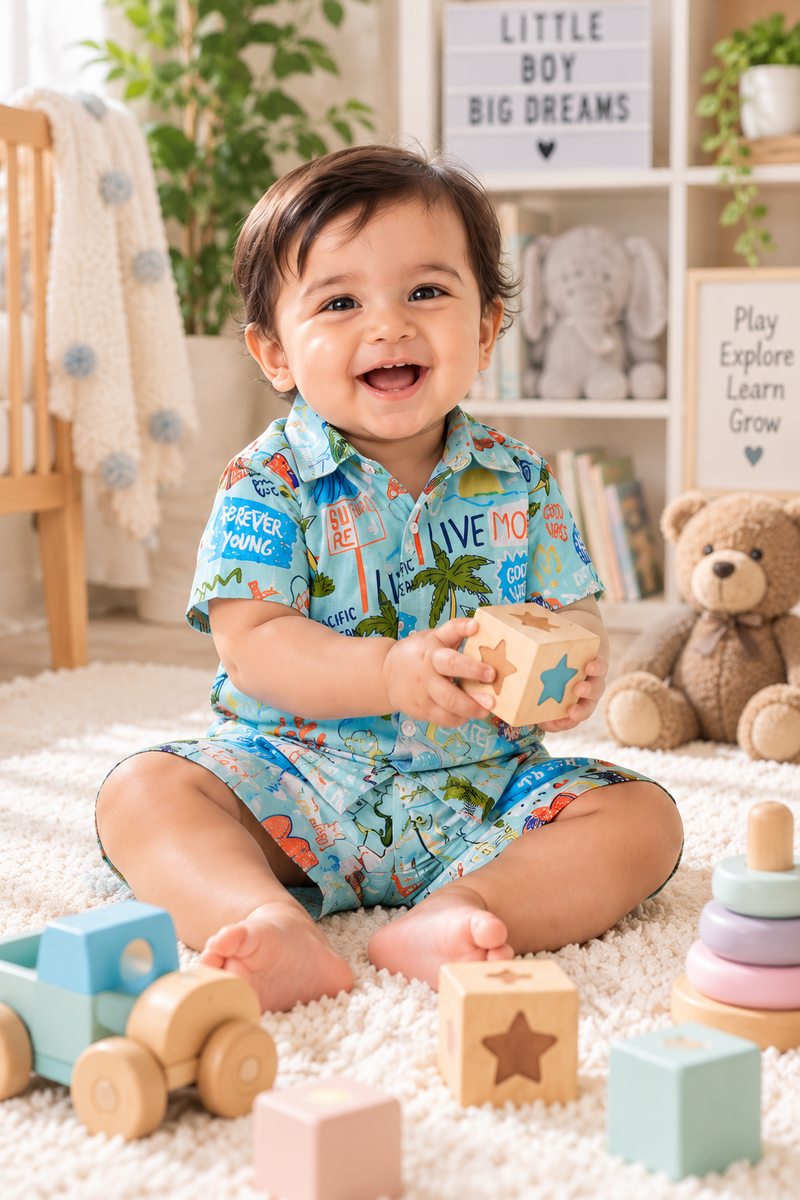 Wave Vibes Baby Boy Short Sleeve Shirt and Shorts Set | 60s Count 100% Cotton Poplin Premium