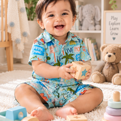 Wave Vibes Baby Boy Short Sleeve Shirt and Shorts Set | 60s Count 100% Cotton Poplin Premium