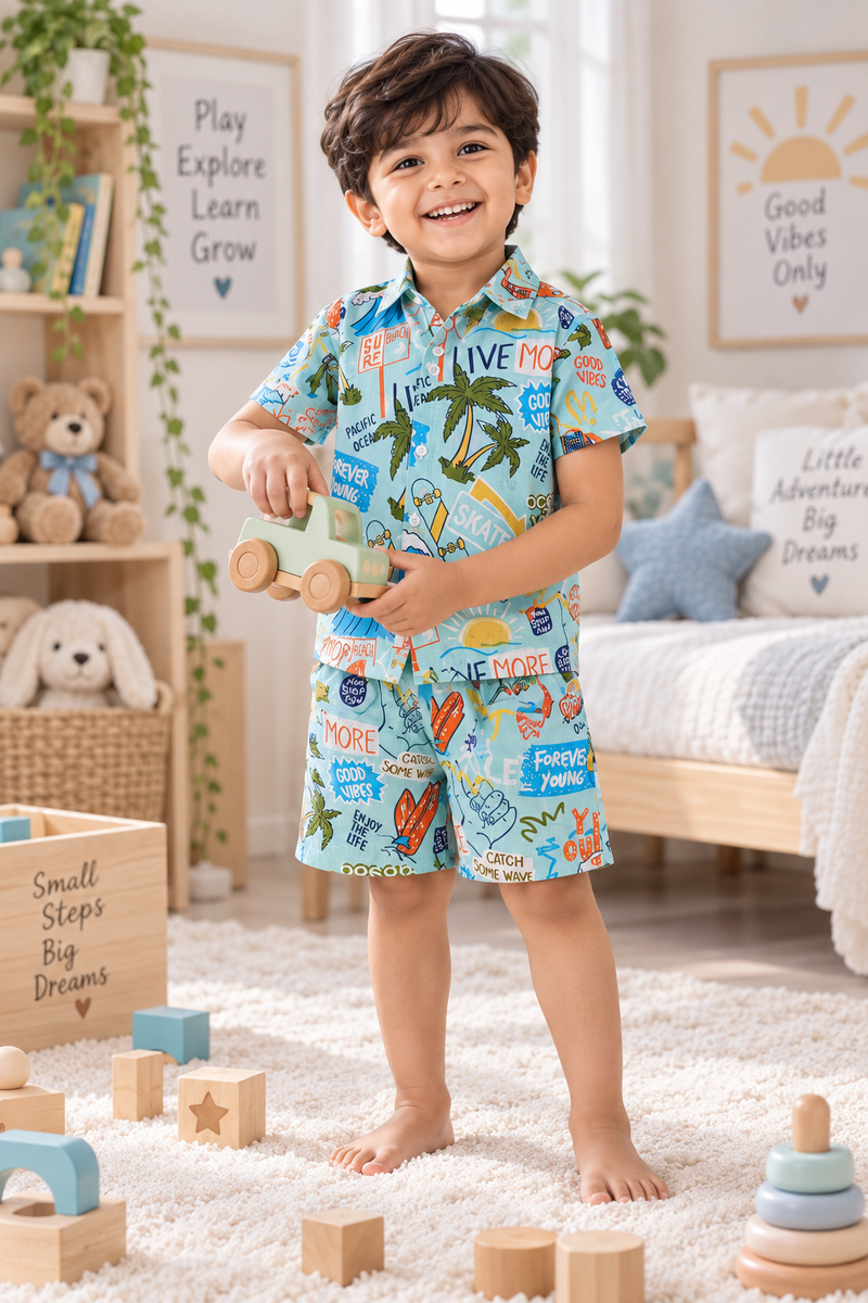 Wave Vibes Baby Boy Short Sleeve Shirt and Shorts Set | 60s Count 100% Cotton Poplin Premium