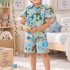Wave Vibes Baby Boy Short Sleeve Shirt and Shorts Set | 60s Count 100% Cotton Poplin Premium