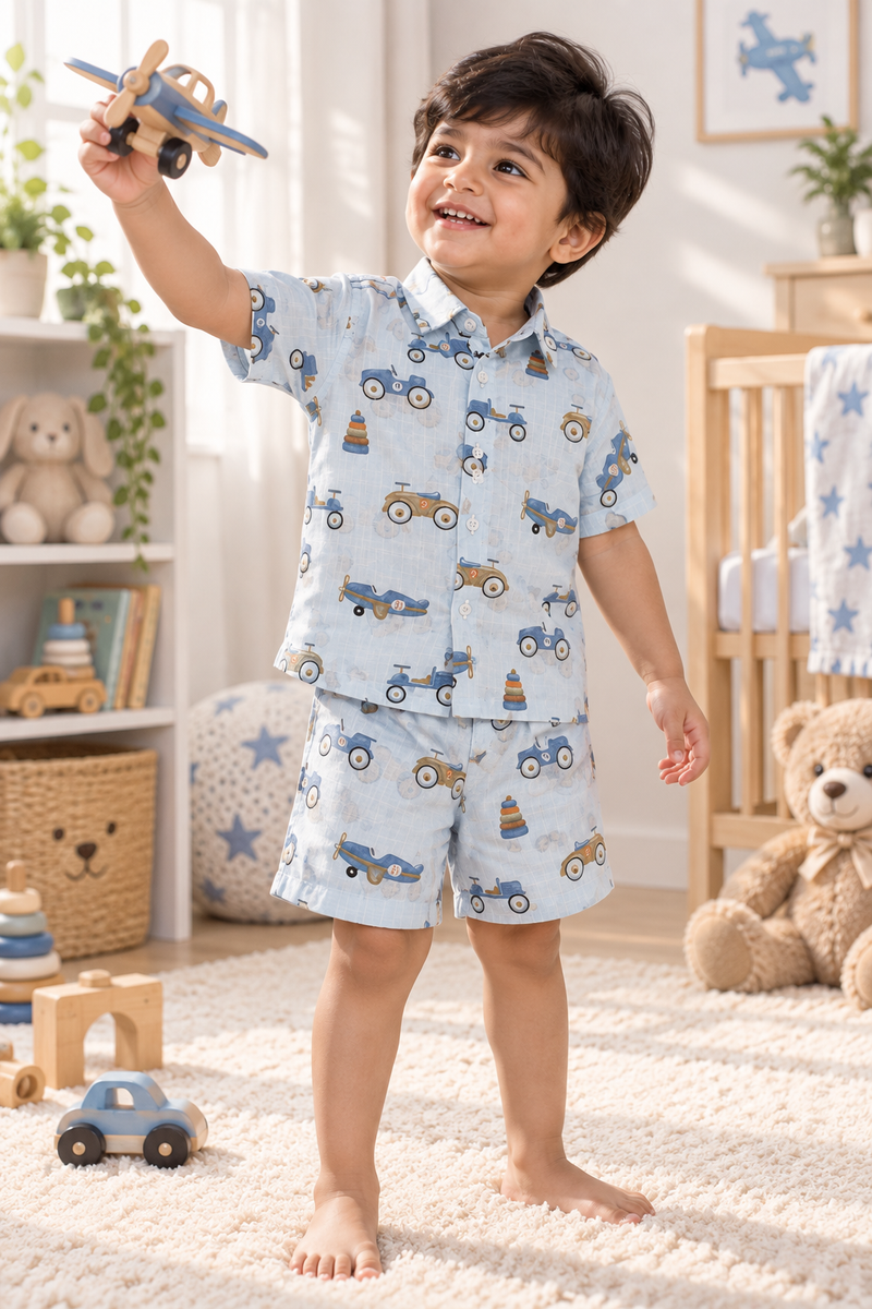 Wheel Party Baby Boy Short Sleeve Shirt and Shorts Set | 60s Count 100% Cotton Poplin Premium