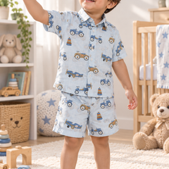 Wheel Party Baby Boy Short Sleeve Shirt and Shorts Set | 60s Count 100% Cotton Poplin Premium
