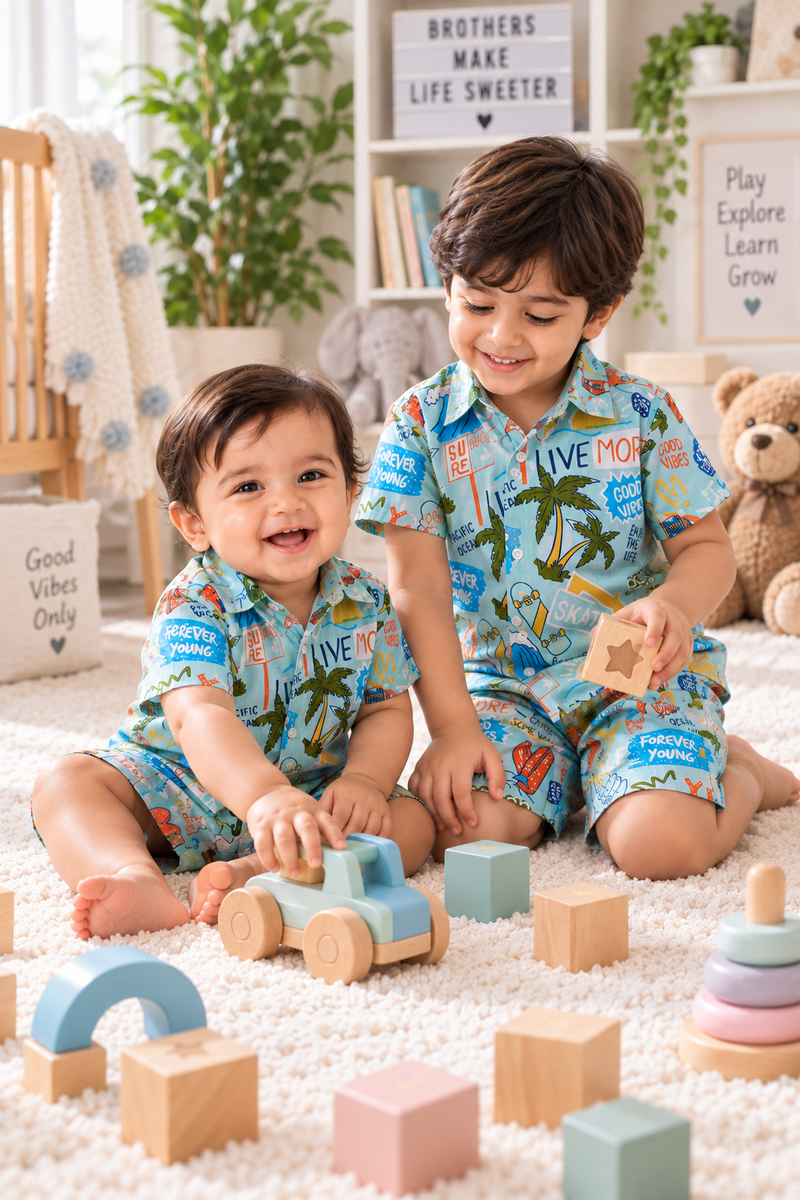 Wave Vibes Baby Boy Short Sleeve Shirt and Shorts Set | 60s Count 100% Cotton Poplin Premium