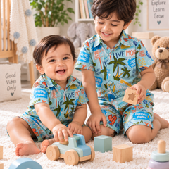 Wave Vibes Baby Boy Short Sleeve Shirt and Shorts Set | 60s Count 100% Cotton Poplin Premium