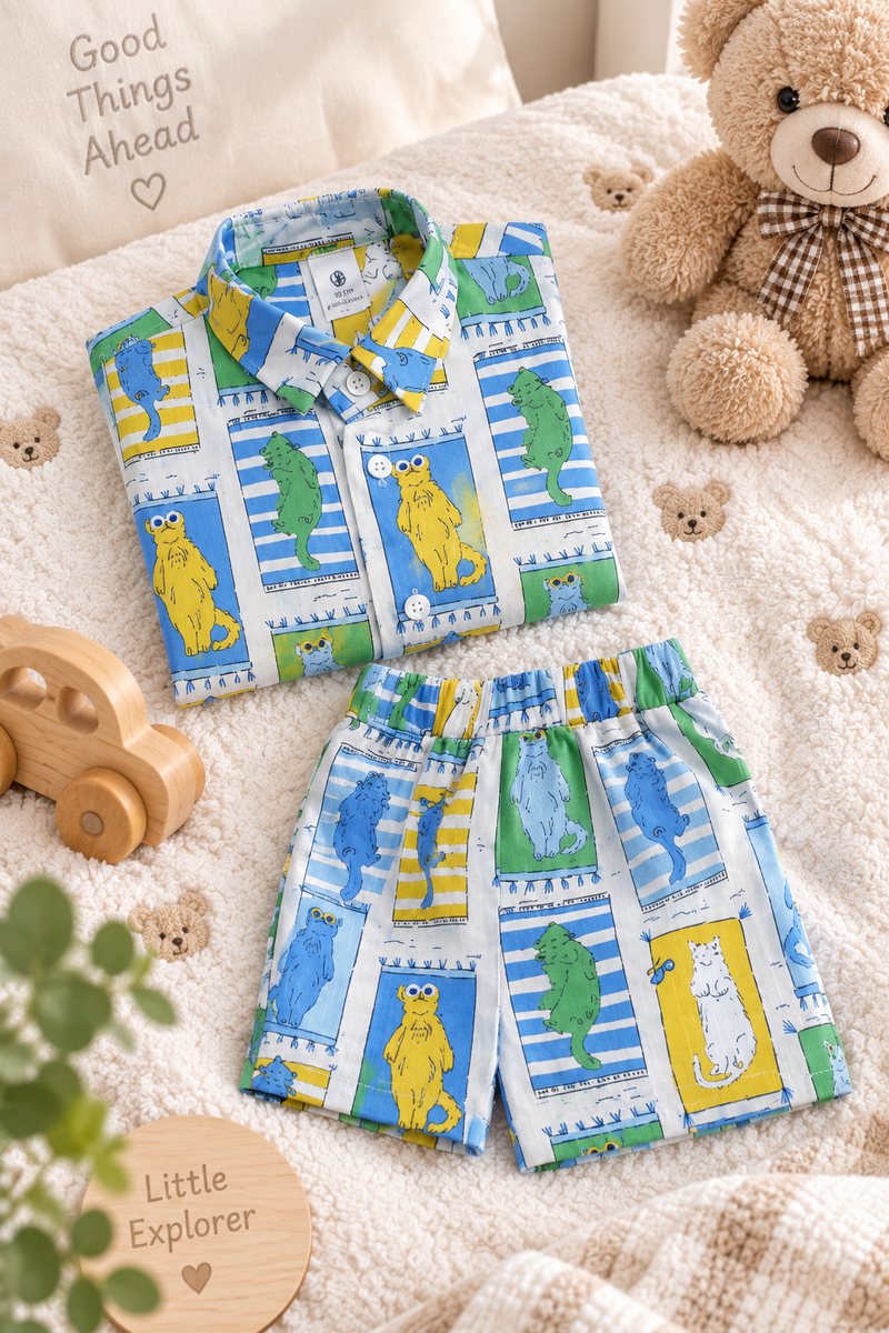 Cool Cat Baby Boy Short Sleeve Shirt and Shorts Set | 60s Count 100% Cotton Poplin Premium